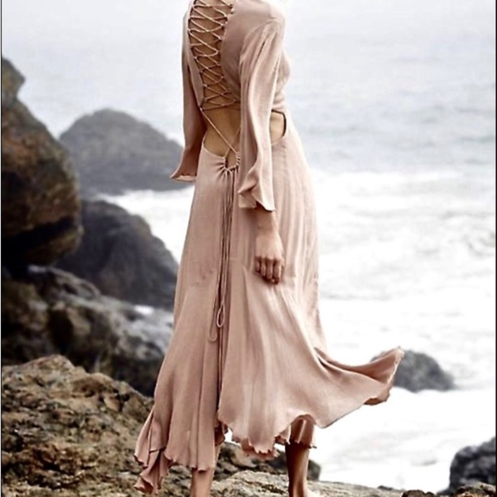 Free People nude Lace Up Back Ruffle Swing Hem